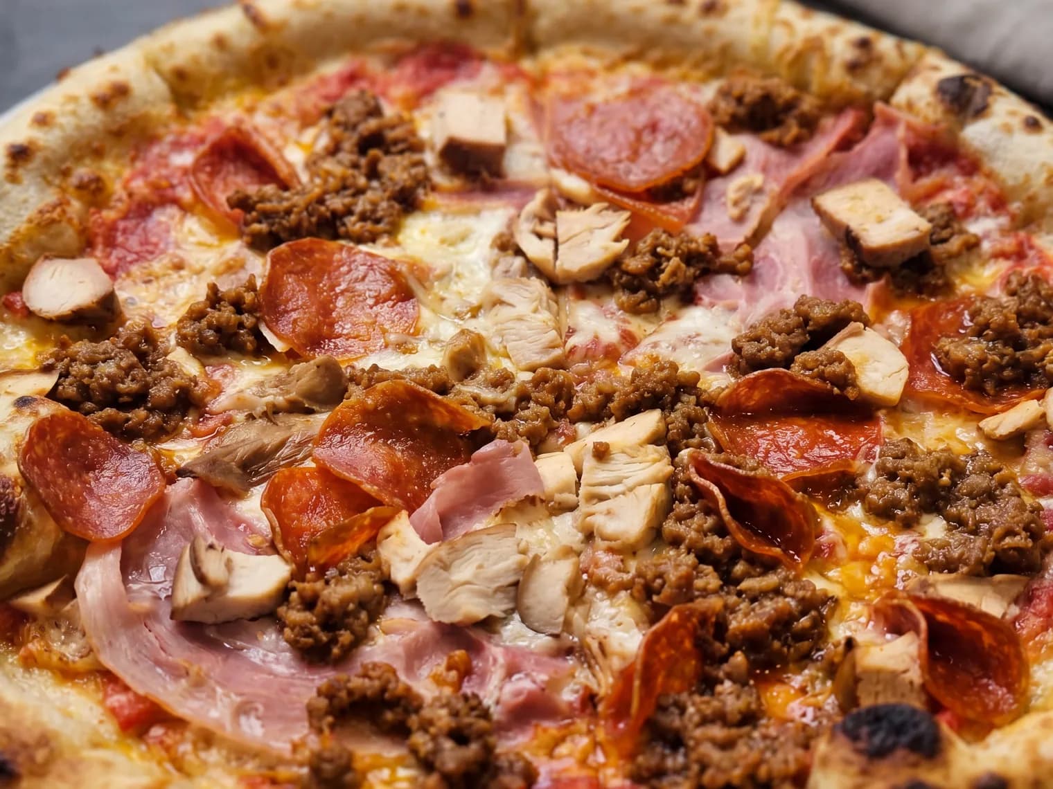 Bright studio-lit hero shot of the same mushroom pizza